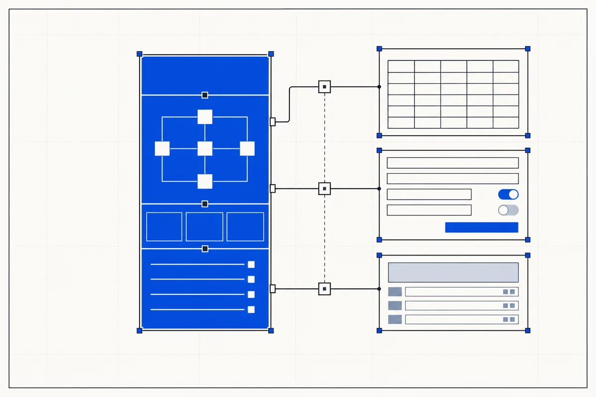 A central server schema branching into table, form, and detail interface projections.